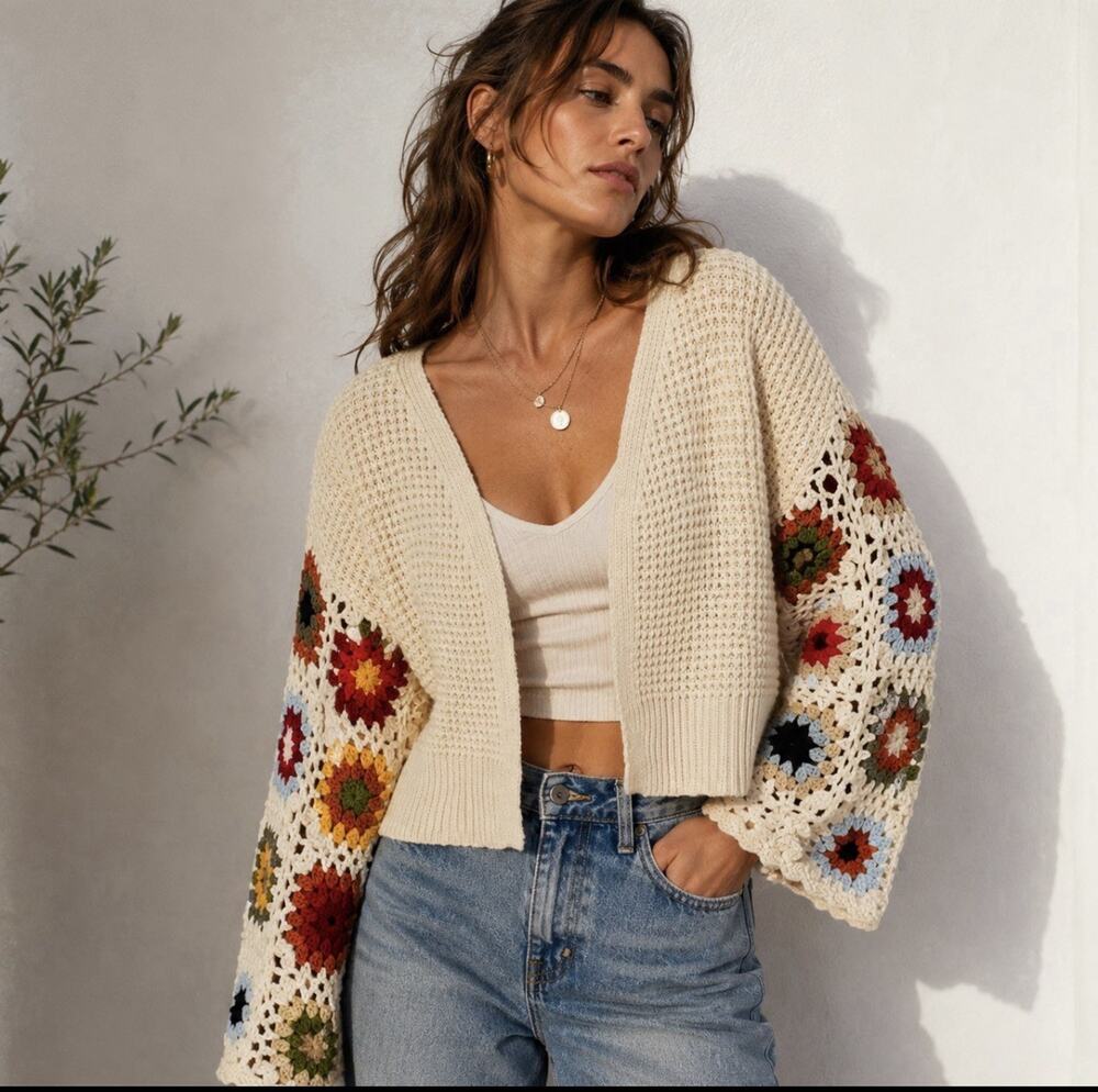 SINCERELY JULES Colored Granny Square Crochet Sleeve Knit Cream Cardigan Sm